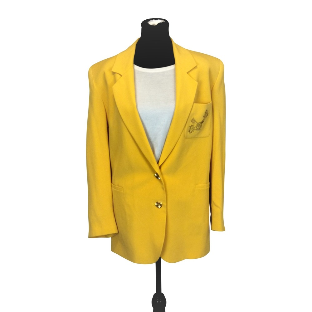 Vintage 100% Silk Crepe Embroidered Key Blazer Womens Yellow Gold Buttons